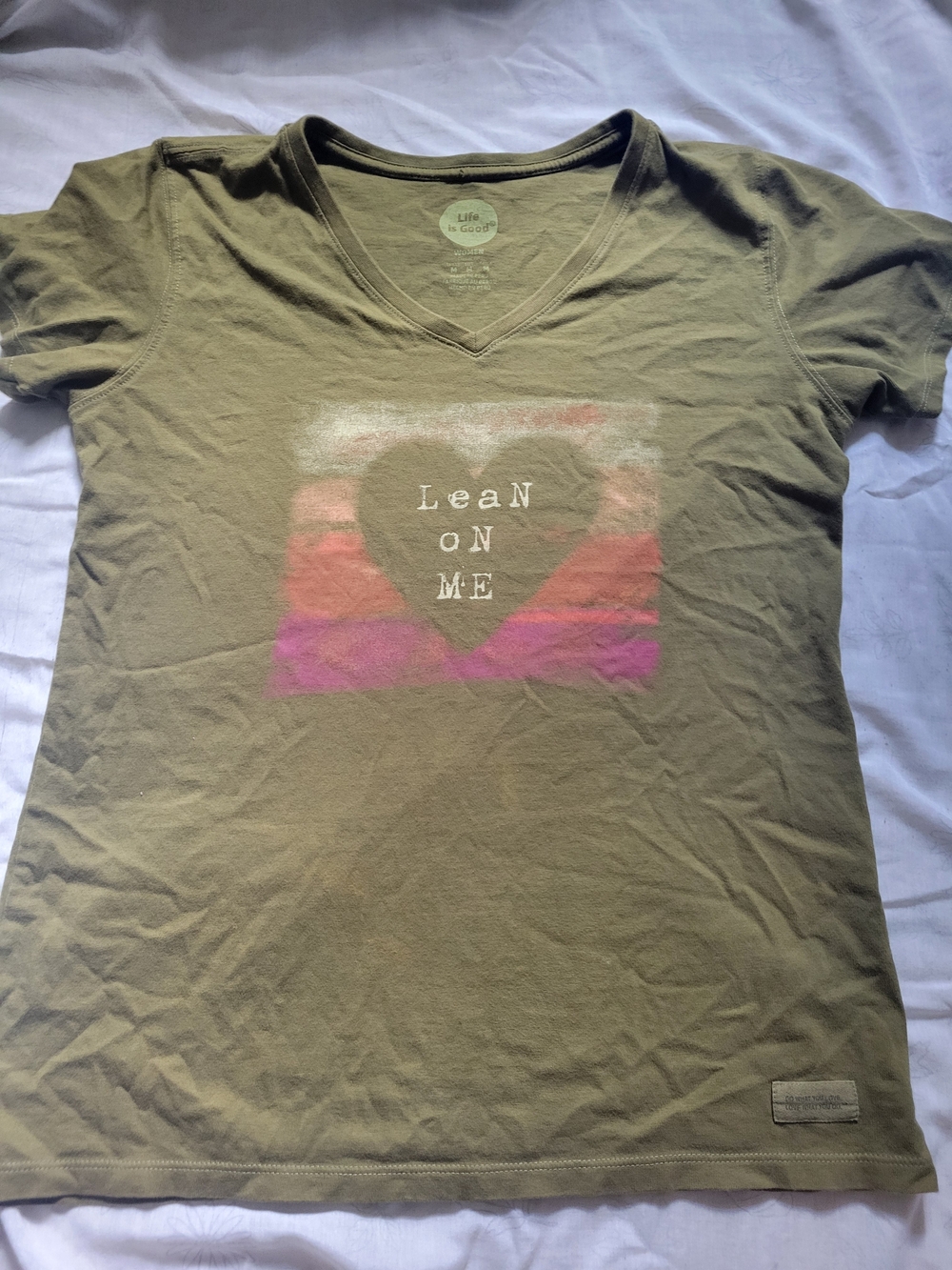 Life Is Good Olive Green Tee with Tan Patch Detail